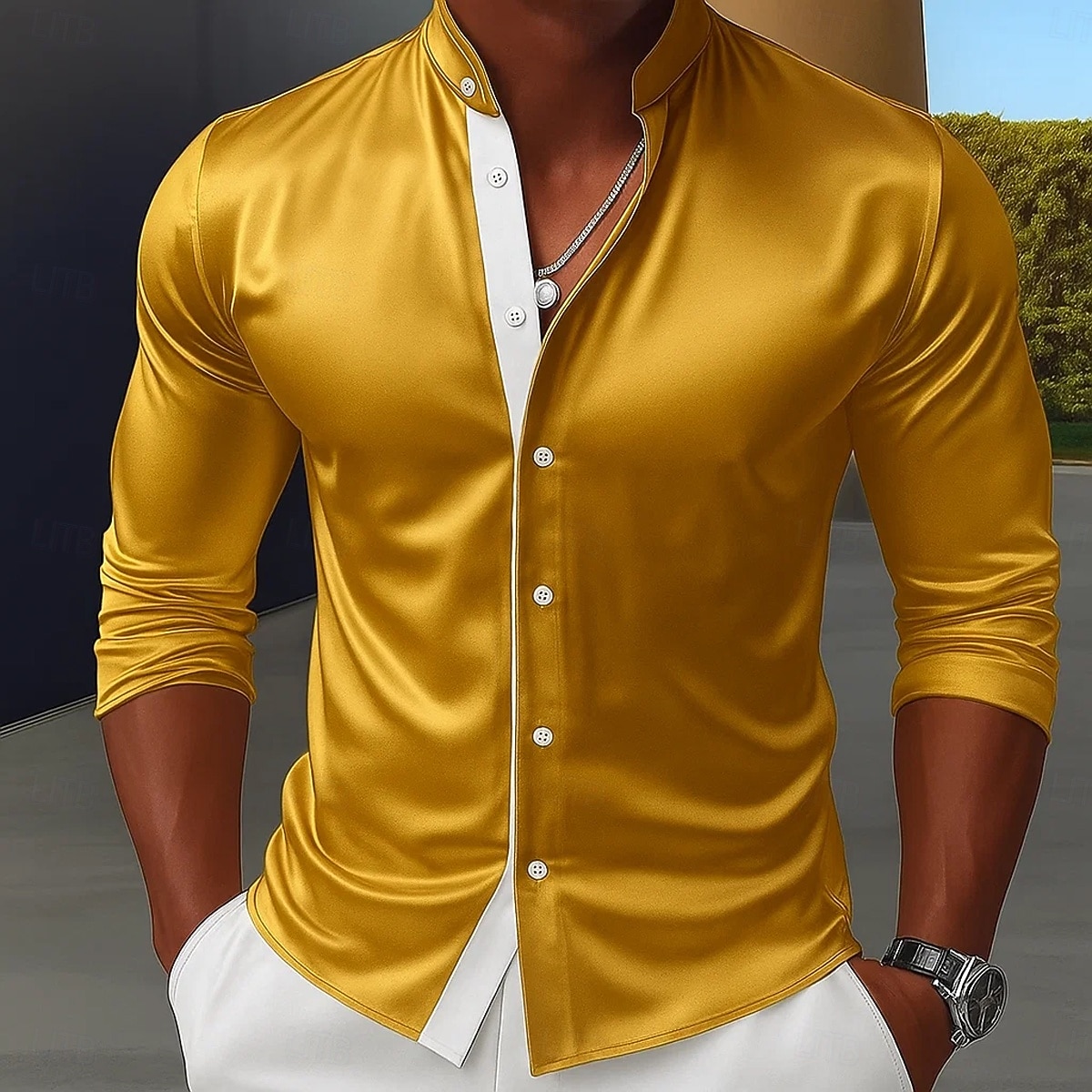 Herren Hemd Satinhemd Kleidhemd Freizeithemd Knopfhemd Abschlussballhemd Einfach Formell Hochzeit Schwarz Rote Königliches Blau Gold Langarm Stehkragen Ganzjahres Bekleidung Farbblock 2025 - $23.99 –P4