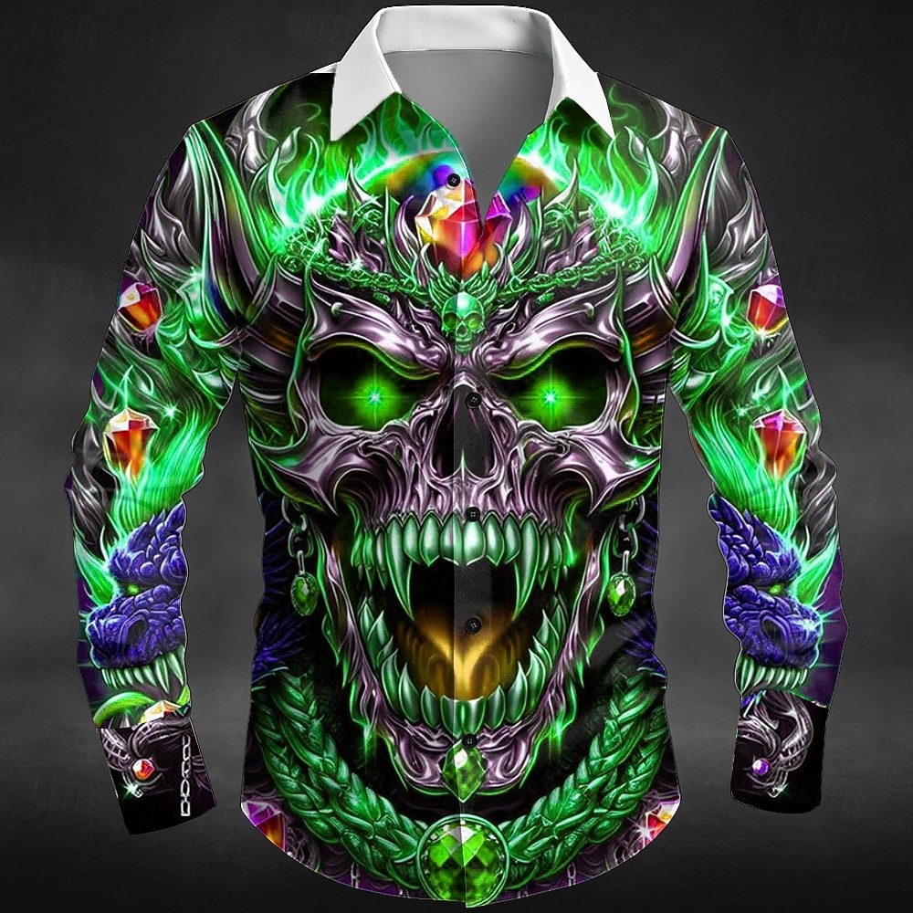 Homme Crâne Dragon Flamme Chemise Chemise Boutonnée manche longue Punk gothique sombre Extérieur Fête Été Printemps Col Rabattu Impression 3D chemises à col Violet Orange Vert de 2026 ? $27.99 –P5