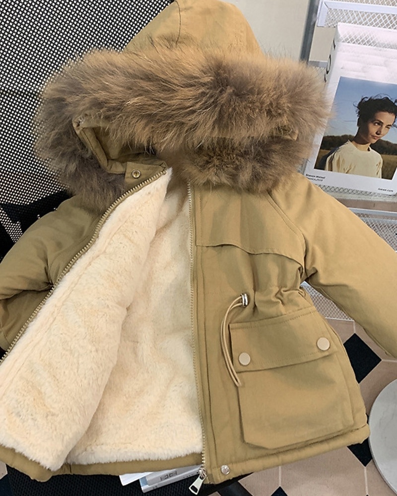 Kinderen Voor meisjes Dons Effen Kleur Modieus Bontzoom School jas bovenkleding 4-12 jaar Winter Blozend Roze Khaki 2025 - $36.99 –P1