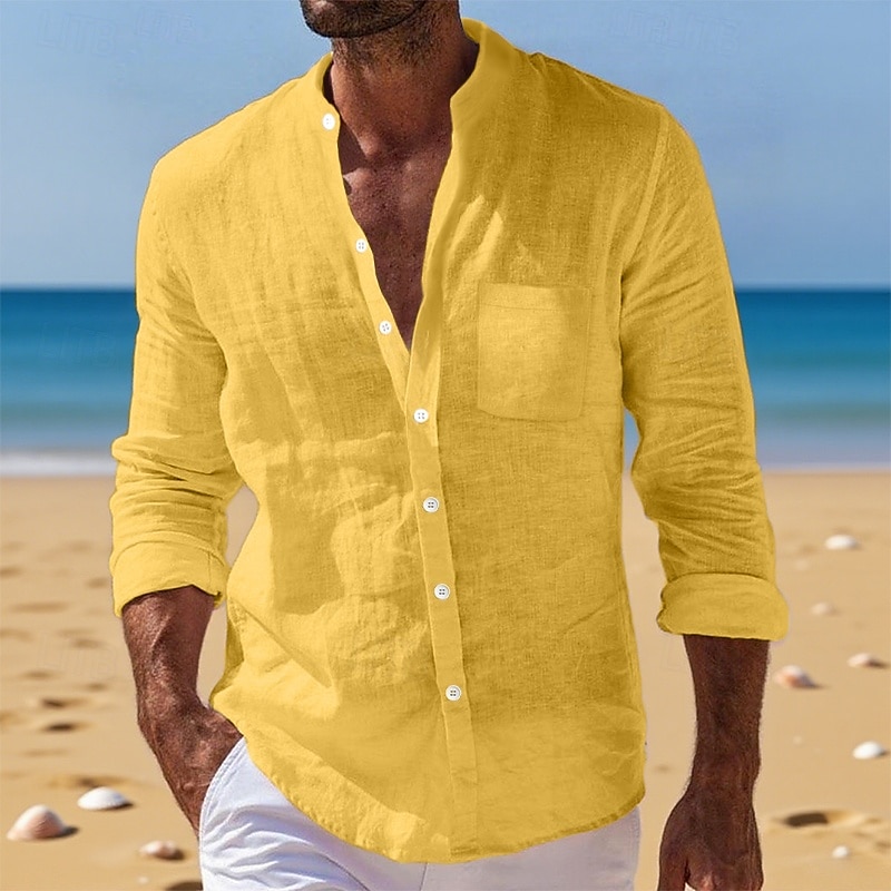 Per uomo Camicia Camicia di lino Camicia Estiva Abbigliamento da spiaggia Camicia con Bottoni Semplice Vacanza Quotidiano Bianco Giallo Blu marino Blu Manica Lunga Colletto alla coreana Estate Autunno del 2026 a $24.99 –P14