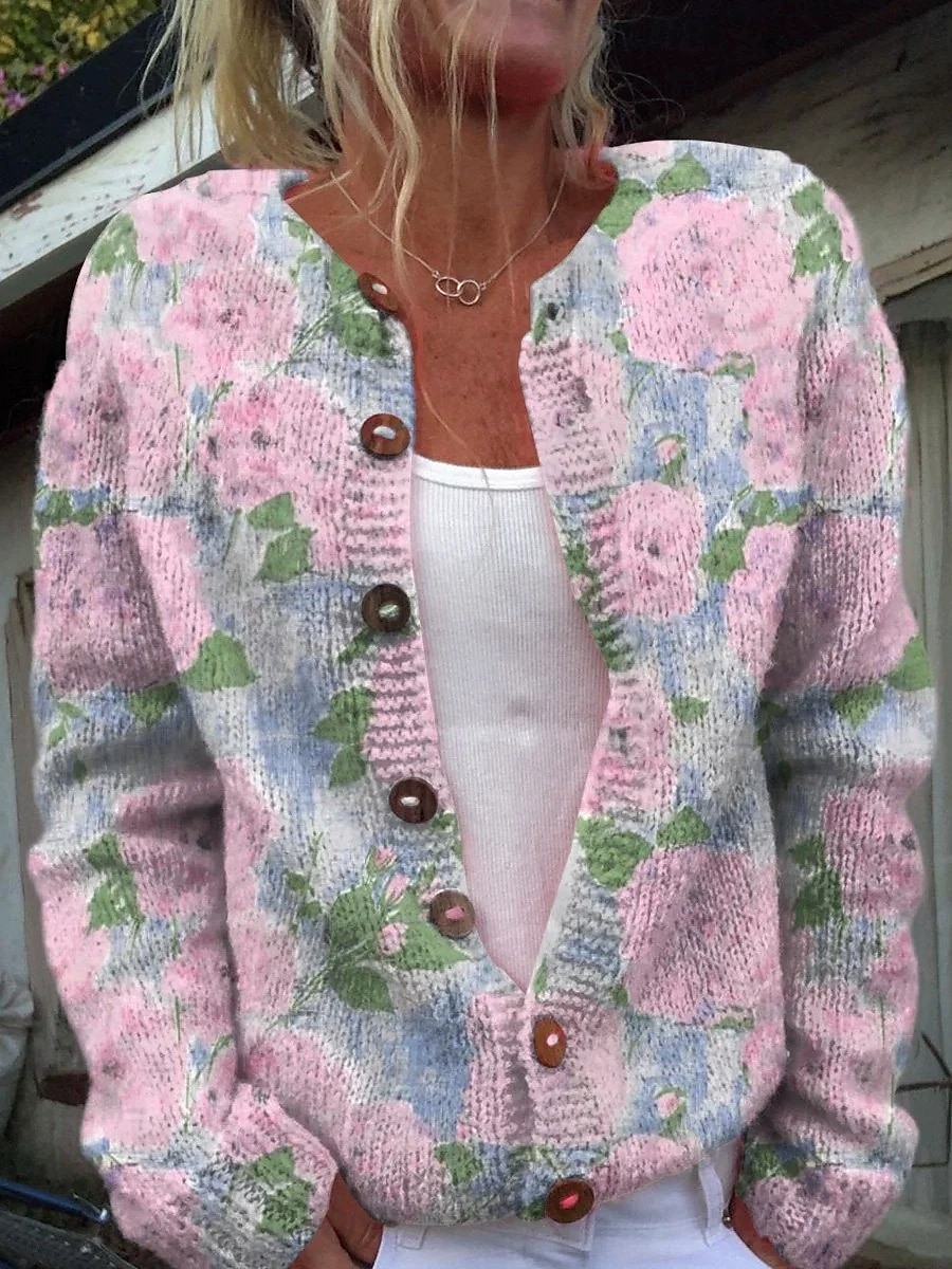 Damen Strickjacke Pullover Mit Wabenstruktur Knopfleiste Rundhalsausschnitt Langarm Leicht Damen Mode Alltag Lässig Blumengrafik Knopfprint Strick Outdoor Alltag Date Pink Orange Herbst Winter 2025 - $33.99 –P2