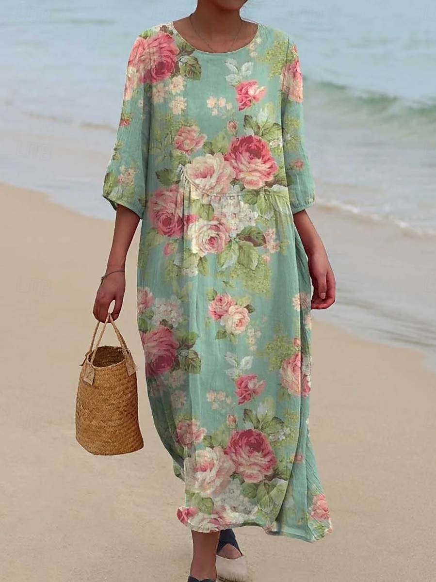 Női Maxi Ruha Kaftan 3/4 Hosszú Ujjú Környakú Lazac Átmeneti Ruha Boho Mindennapi Ünnepi Randi Virágos Grafika Sárga Rózsaszín Kék Zöld Tavasz Ősz 2025 - $41.99 –P4