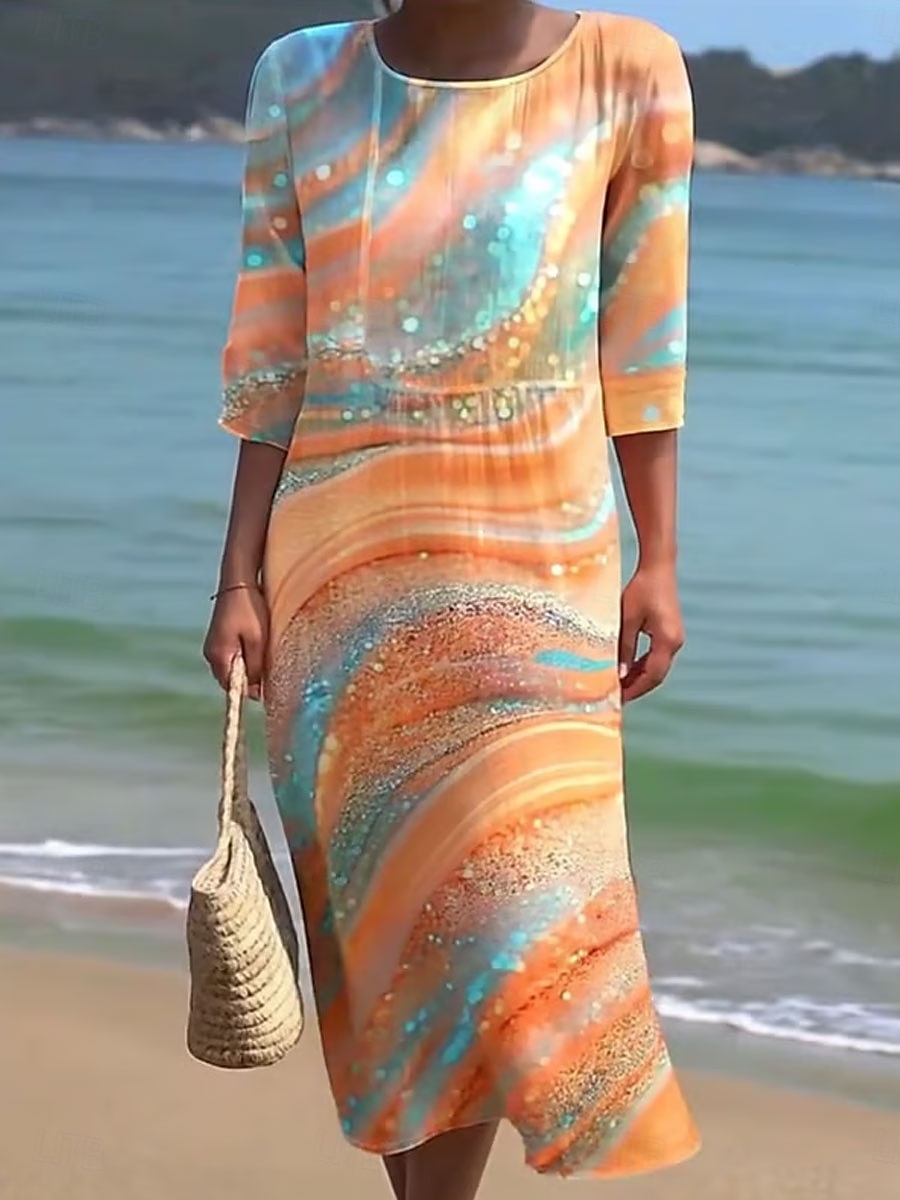 Dámské maxi šaty kaftan s 3/4 rukávy kulatým výstřihem volnočasové šaty A-linie boho pravidelný střih grafické geometrické abstraktní bílé žluté modré oranžové jaro podzim 2025 - $41.99 –P2