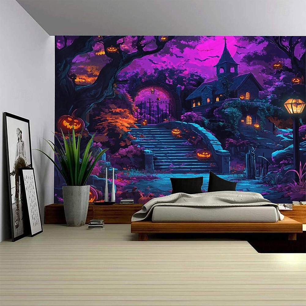 Halloweenský gobelín s motivem strašidelného domu, dýní a netopýrů, strašidelný gotický závěsný tapiserie s úplňkem do obývacího pokoje, ložnice, párty dekorace, strašidelný hrad, děsivá estetika, 2025 - $12.49 –P4