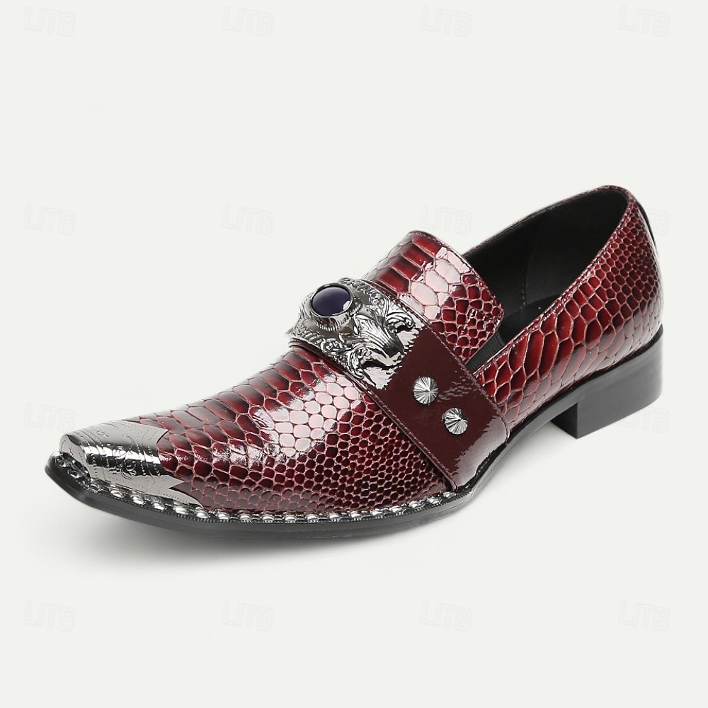 Mocassins en cuir à motif crocodile bordeaux pour hommes avec boucle en métal et détail de pierres précieuses, chaussures habillées de luxe pour mariages, fêtes et occasions formelles de 2025 ? $109.99 –P2