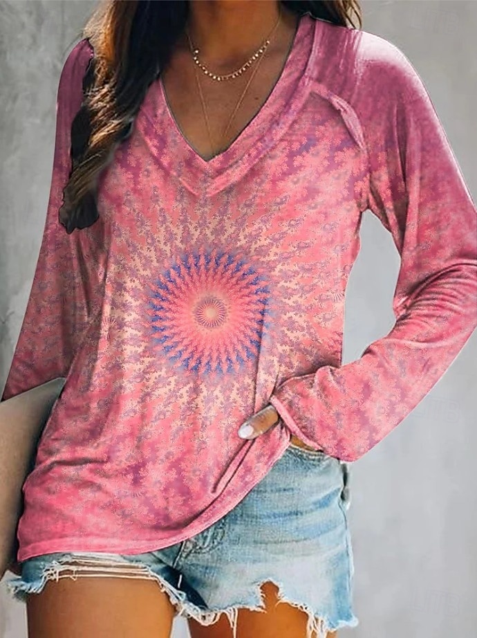 Femmes T-shirt Fleuri Graphique Plantes Élégant Bohème ancien manche longue Col en V Hauts Réguliers Quotidien Sortir Week-end Imprimé Jaune Rose Claire Bleu Violet Vert Printemps Automne de 2025 ? $22.99 –P1