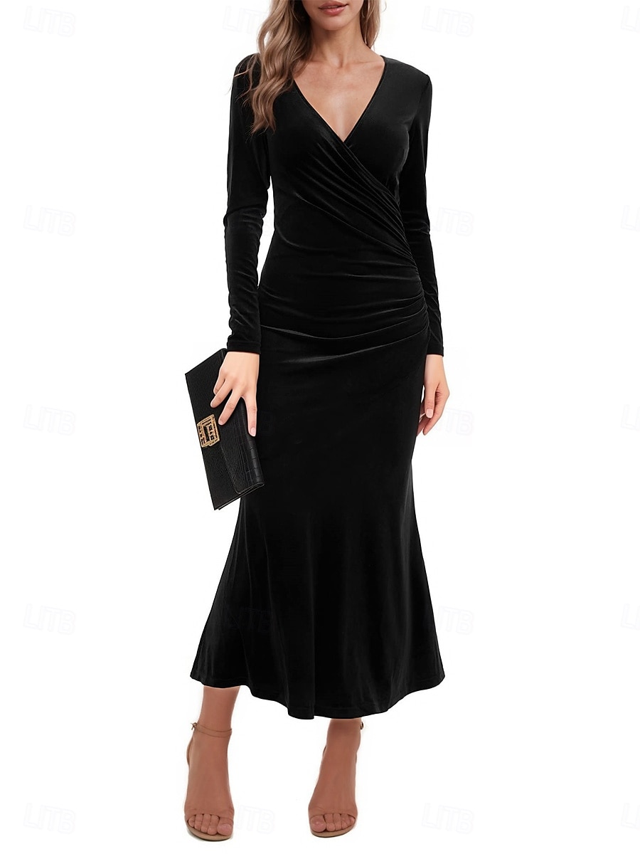 Femmes Robe Longue Maxi Robe Robe fourreau Élégant Sexy Coupe régulière Uni manche longue Col en V Noir Vin Vert foncé Violet Printemps Automne de 2025 ? $27.99 –P1
