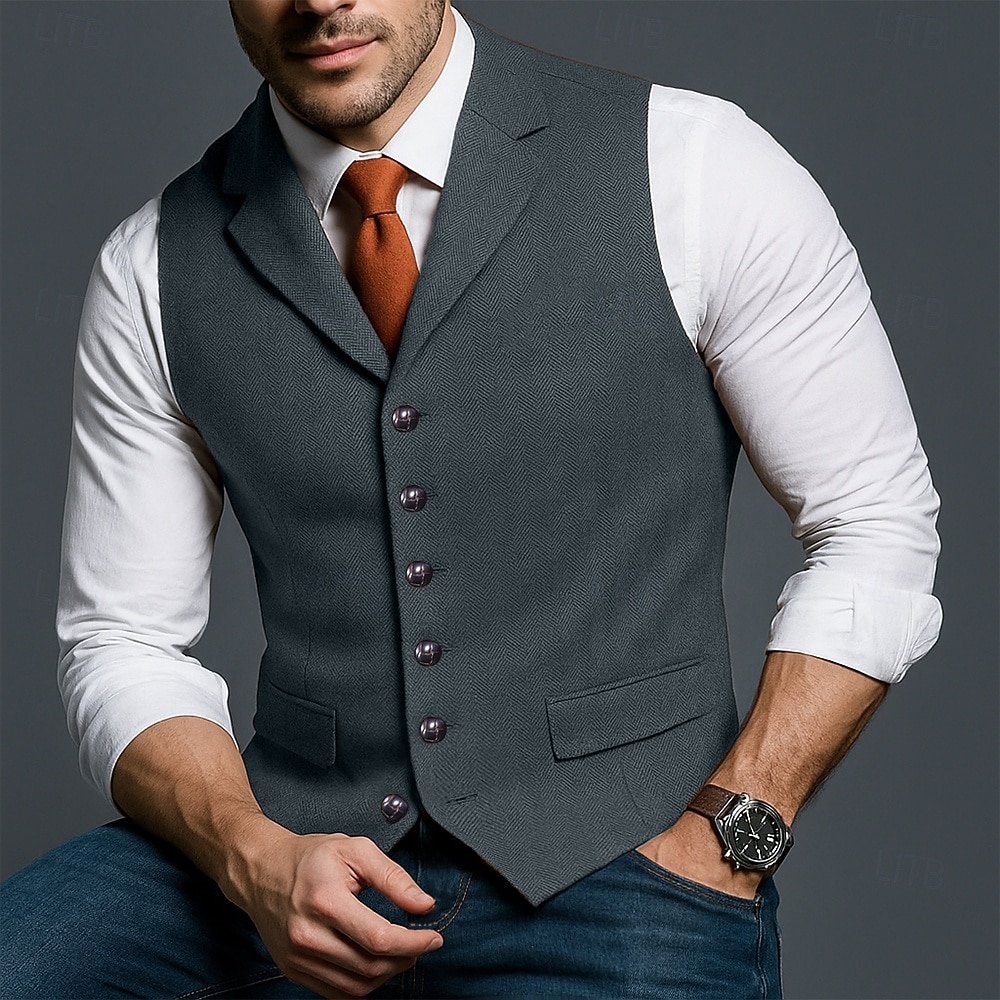 Herren Tweedweste Weste Formell Hochzeit Urlaub Täglich Mode Klassisch Frühling Herbst Tasche Knöpfe Polyester Tweed Bequem Einfach Fischgrätenmuster Einreihig V Ausschnitt Revers Schmale Passform 2025 - $35.99 –P11