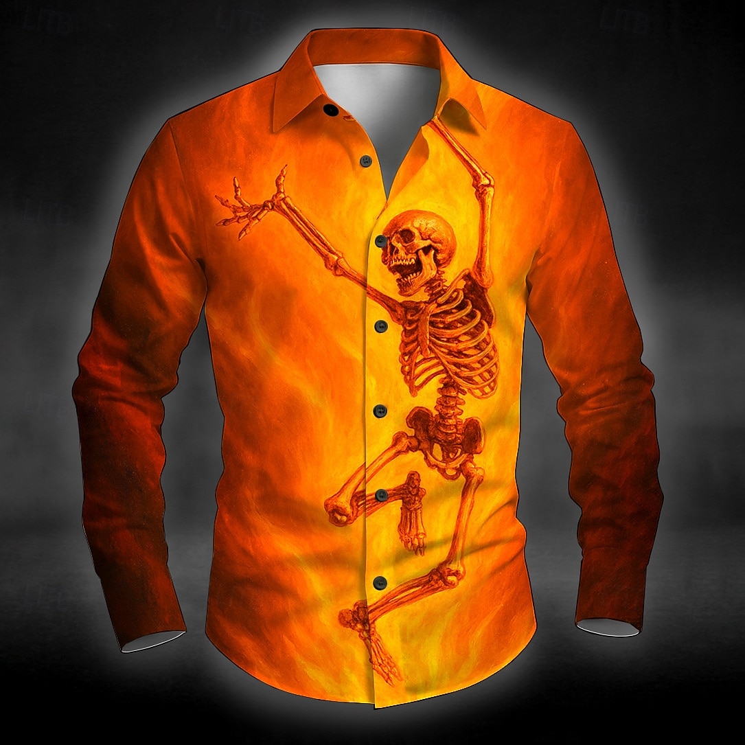 Halloween Herr Skelett Gradientfärg Halloween Kostymer Skjorta Knapp upp skjorta Långärmad Mörk punkgotik Utomhus Helgdag Sommar Vår Nedvikt 3D-utskrift krage skjortor Vit Blå Orange 2025 - $25.99 –P1