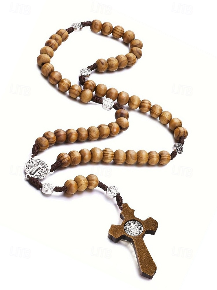 Rosario de madera para hombre con medalla de San Benito y crucifijo: cuentas de oración católicas para el culto religioso, la reflexión espiritual y la devoción diaria. 2025 - $7.99 –P12