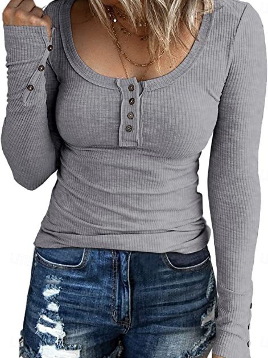 Damen Bluse Einfarbig Stilvoll Lässig Langarm Rundausschnitt Normale Oberteile Täglich Knöpfe Schwarz Rosa Aprikose Grau Frühling Herbst Winter 2025 - $21.99 –P6