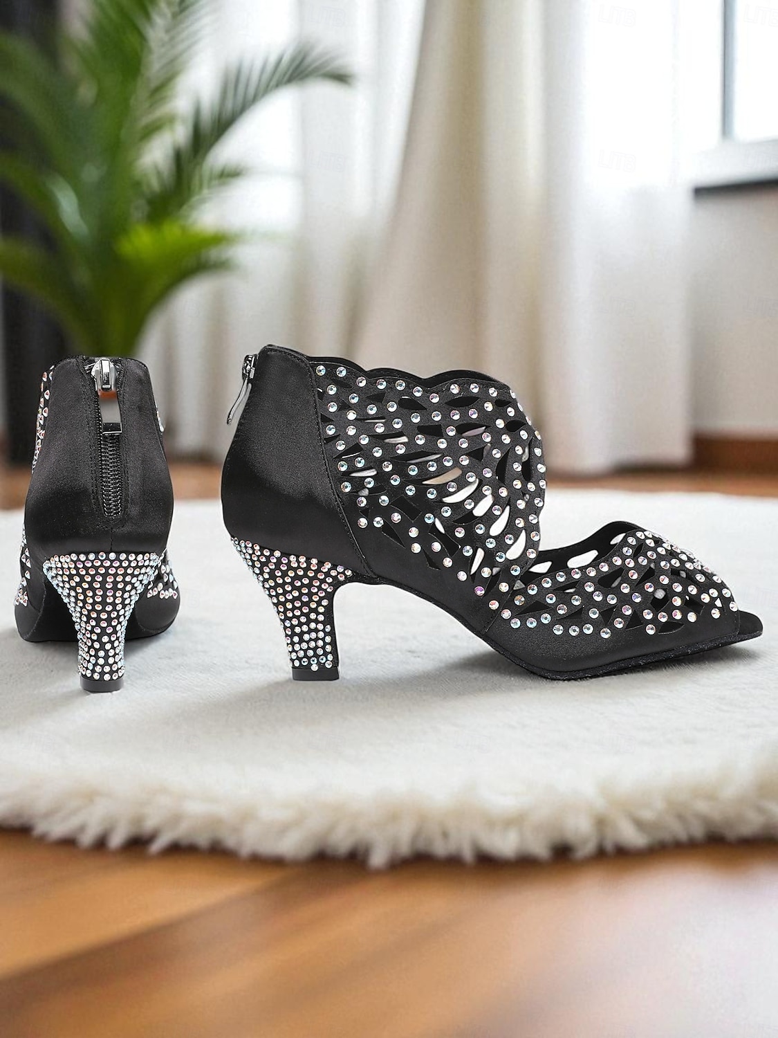 scarpe da ballo da donna con punta aperta, strass e tacco basso color carne - calzature professionali per feste da ballo Gatsby del 2026 a $69.99 –P8