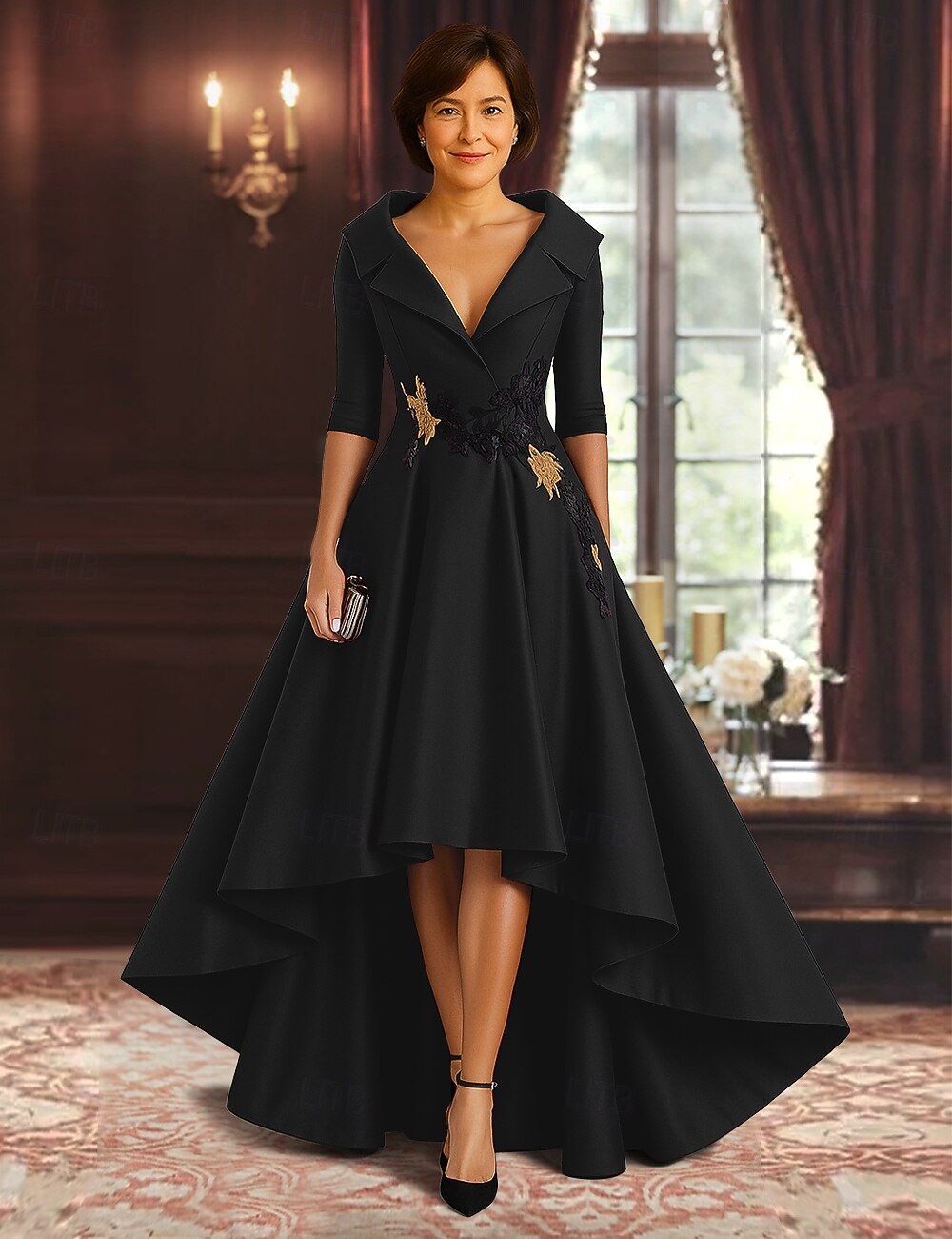 rot-schwarzes A-Linien-Kleid für die Brautmutter, eleganter hochgeschlitzter Hemdkragen, asymmetrischer Satin, 3/4-Ärmel mit Applikationen 2025 2025 - $149.99 –P4