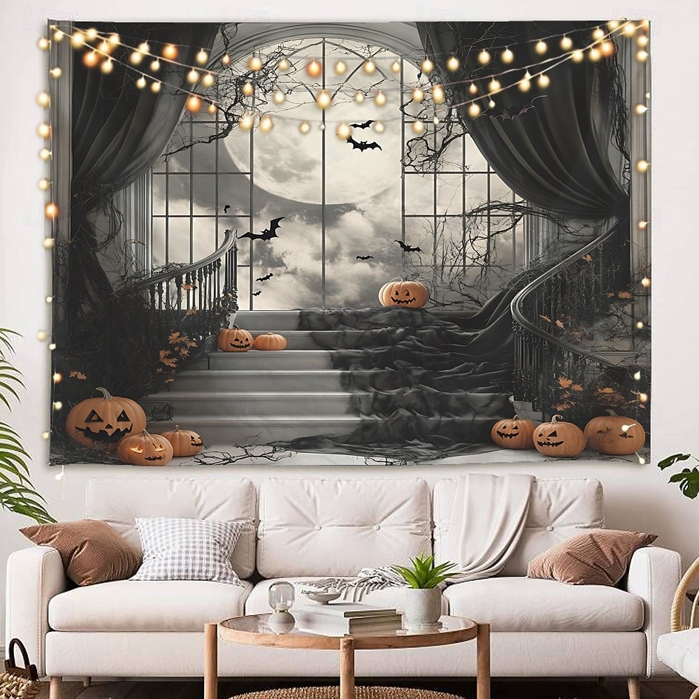 שטיח רקע ליל כל הקדושים, תליית קיר של טירת רפאים בלילה, דלעת מכשפה, ציור קיר דקורטיבי גדול לחדר שינה, סלון, מסיבה וקישוט הבית 2025 - $14.99 –P8
