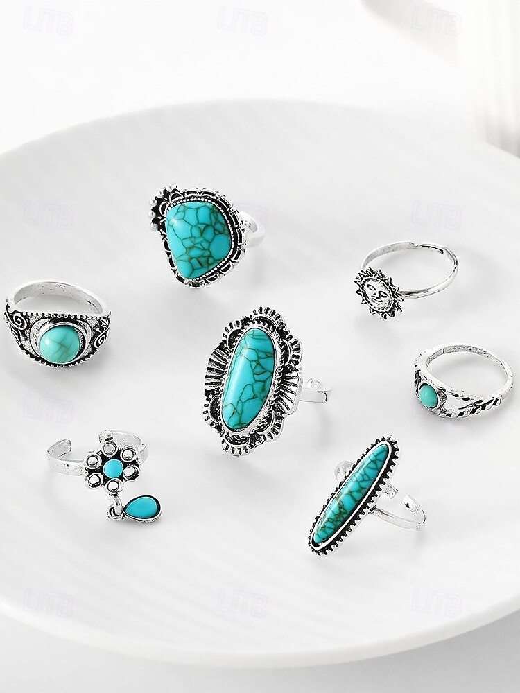 Women's Turquoise Ring Set - Multi-Piece Set of Vintage Bohemian Alloy Jewelry for Women's Holidays, Beach Vacations and Everyday Wear 2025 - $8.39 –P7