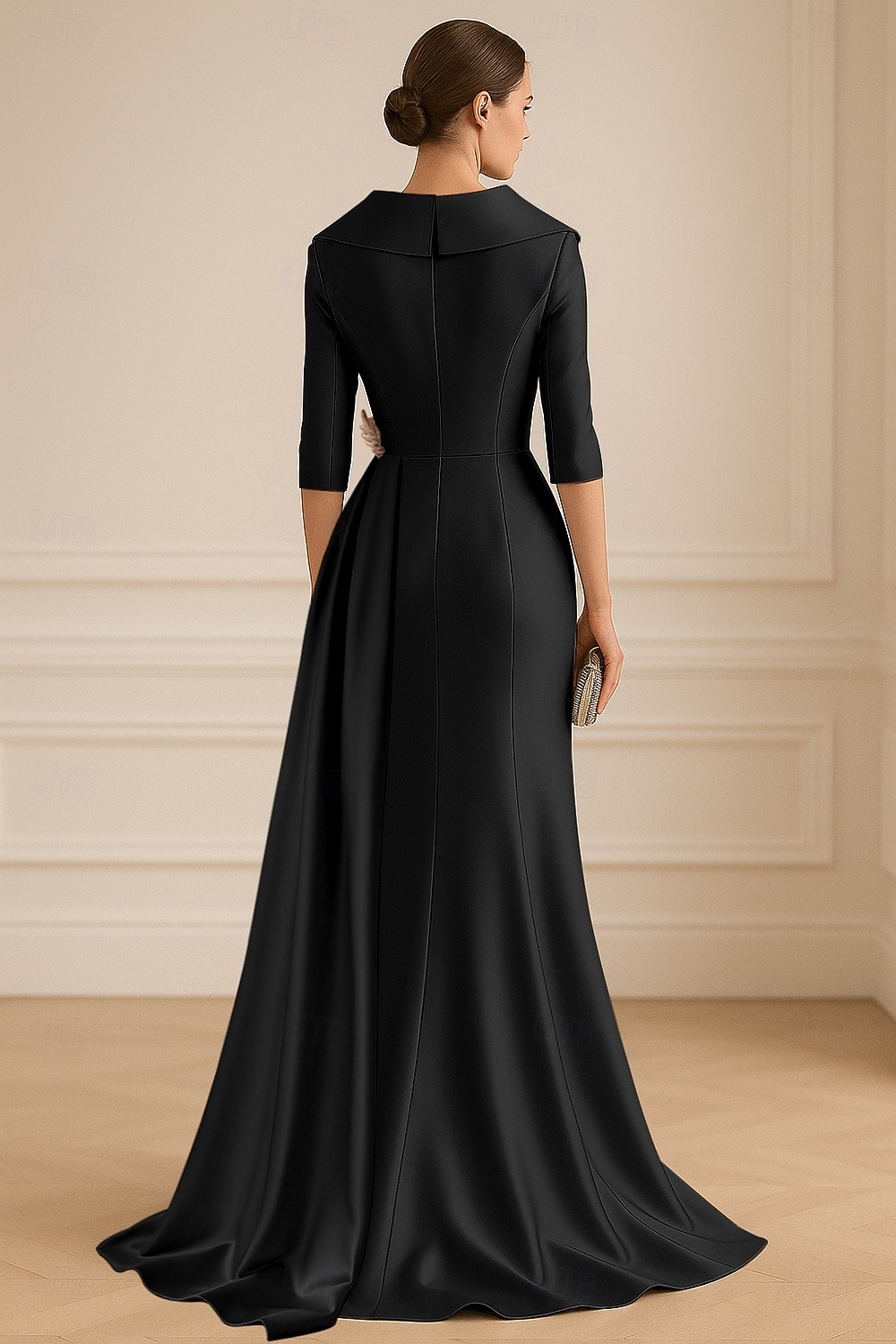 Vestido de noite azul e preto, elegante, formal, para casamento, comprimento até o chão, manga curta, lapela, cetim elástico com pregas, 2025 de 2025 por $147.99 –P3