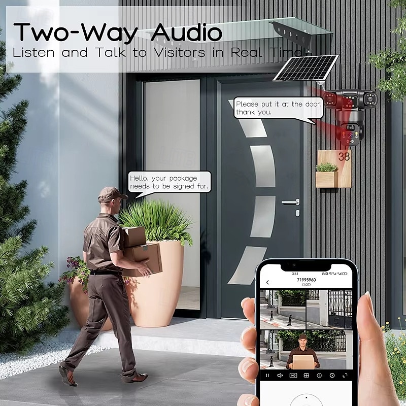 2025年 ソーラーカメラ 屋外 ワイヤレス Wi-Fi 3レンズ ソーラーセキュリティカメラ 360度パノラマ &チルト、死角なし、スマートAI、人間検知、追跡、カラーナイトビジョン、双方向通話、サイレンアラーム、携帯電話不要  コレクション – $89.99 –P4
