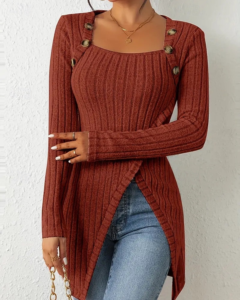 Women's T Shirt Tee Top Buttons Asymmetrical Solid Color Elegant Fashion Long Sleeve Square Neck Regular Tops Daily Weekend Black Brown Rose Pink Gray Spring Fall 2026 - $22.99 –P12