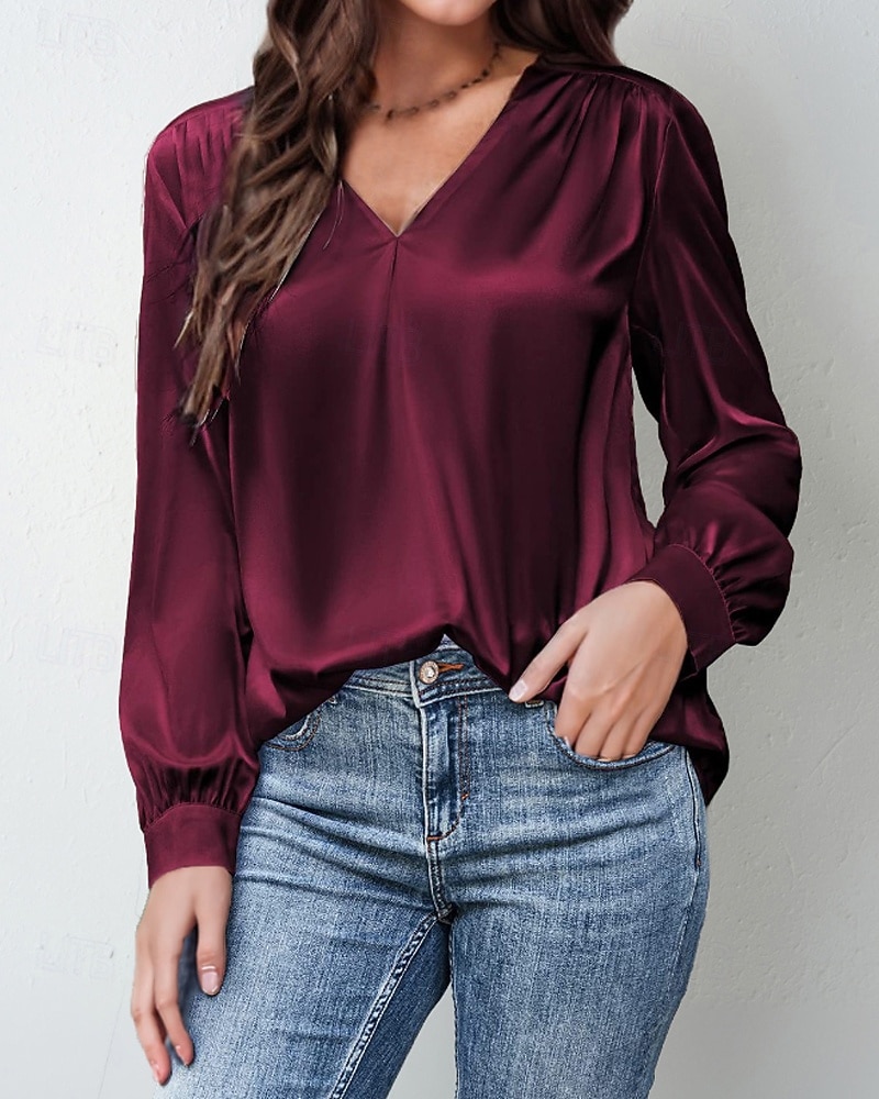 Damen Hemd Bluse Einfach Modern Lässig Langarm V Ausschnitt Normale Oberteile Täglich Ferien Ausgehen Gerafft Schwarz Weiß Gelb Rosa Wein Herbst 2025 - $25.99 –P6