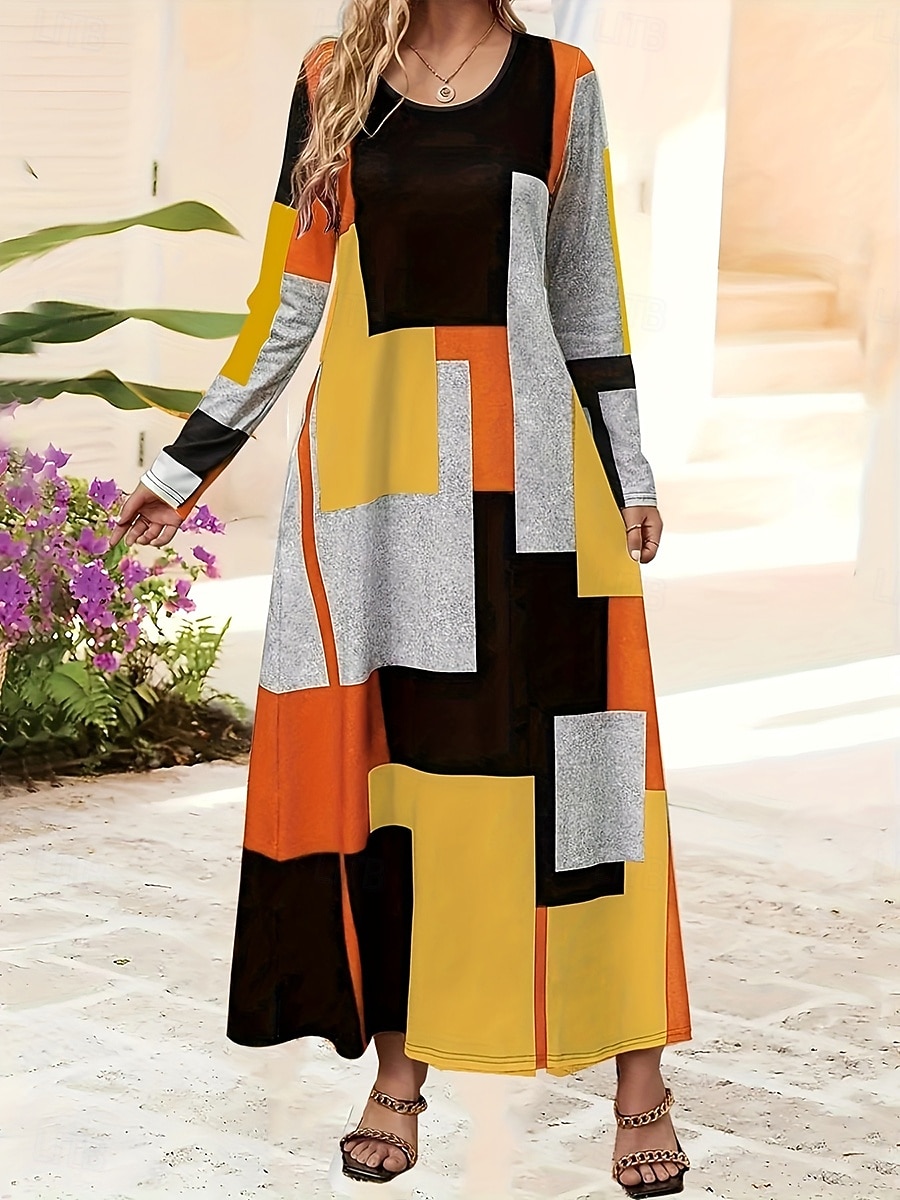 Pentru femei Rochie Maxi Rochie A line Rochie de vară Vacanță Casual Zilnic Fit regulat Grafic Geometric Abstract Manșon Lung Stil Nautic Galben Albastru piscină Primăvară Toamnă Iarnă 2025 - $36.99 –P4