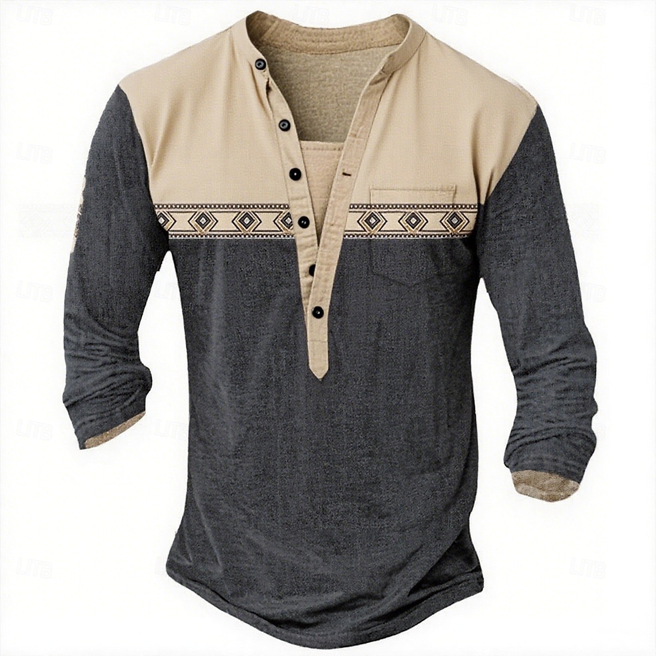 Men's Geometric Ethnic Henley Shirt Tee Long Sleeve Ethnic Casual Summer Spring Fall Lake blue Dark Gray Black Green Light Blue Henley Henley T-Shirt 2025 - $21.99 –P6