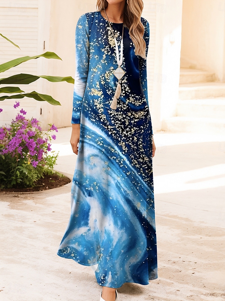 Robe Maxi Femme Vintage Bohème Robe A Ligne Col Ronde Manches Longues Décontractée Quotidienne Coupe Régulière Graphique Géométrique Bleu Orange Vert Bleu Foncé Printemps Automne Hiver de 2026 ? $34.99 –P2