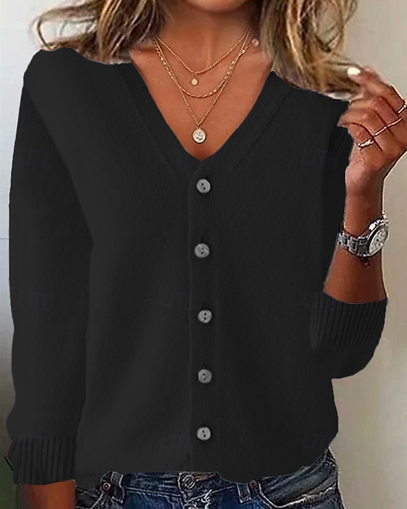 Per donna Felpa Cardigan Moda Streetwear Quotidiano Tinta unica A Coste Scollo a V Lavorato a maglia Manica Lunga Top Regolari Maglia Ferie Uscire Weekend Nero Bianco Autunno Inverno del 2025 a $9.99 –P5