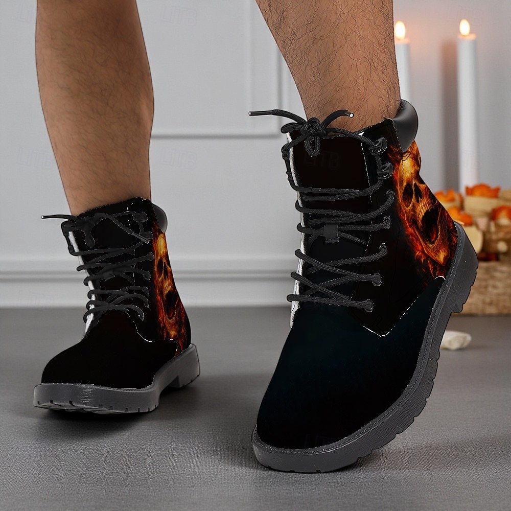 férfi lángoló koponya mintás harci csizma – gótikus punk fűzős bokacsizma halloweenre, cosplayre, koncertekre és utcai viseletre 2025 - $69.99 –P3
