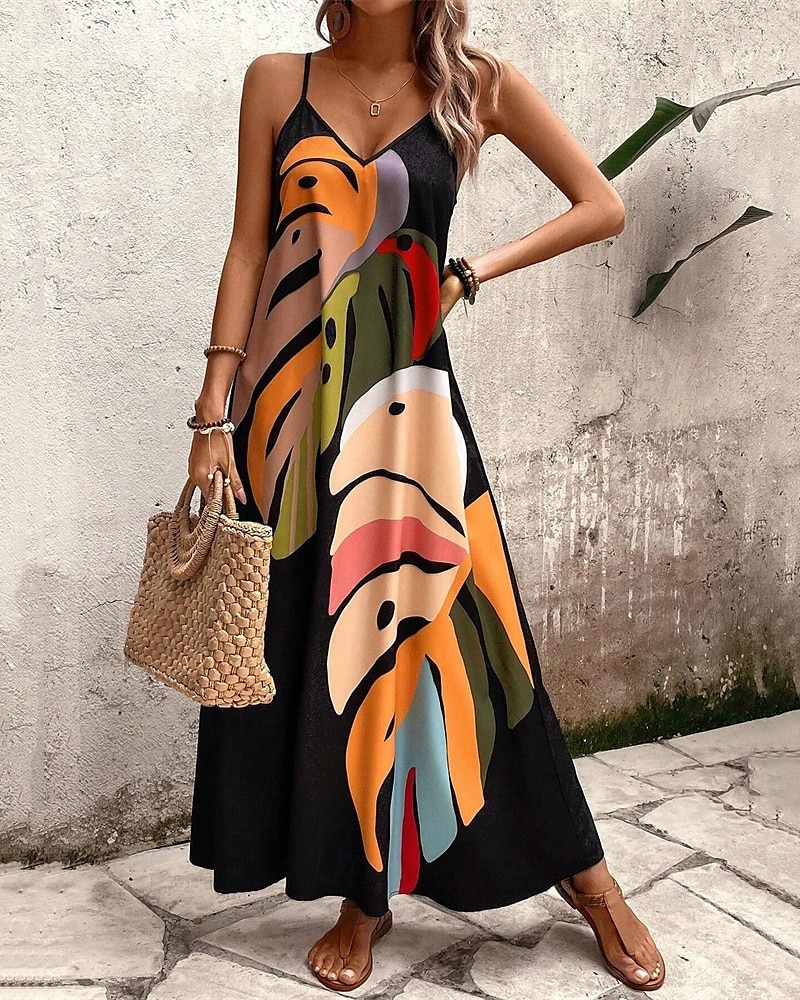 Women's Long Dress Maxi Dress Summer Dress Slip Dress Fashion Modern Daily Beach Weekend Regular Fit Leaf Tropical Sleeveless V Neck Black Summer Spring 2026 - $21.99 –P1