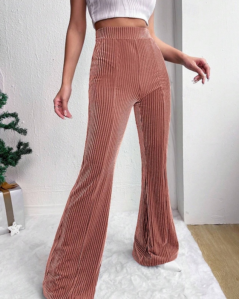 Mulheres Perna larga Calças de Veludo Calças Roupa de rua Casual Comprimento total Natural Tecido Cintura elástica Confortável Ao ar livre Férias Para Noite Vinho Pavão Azul Rosa claro cáqui Outono de 2026 por $22.99 –P3