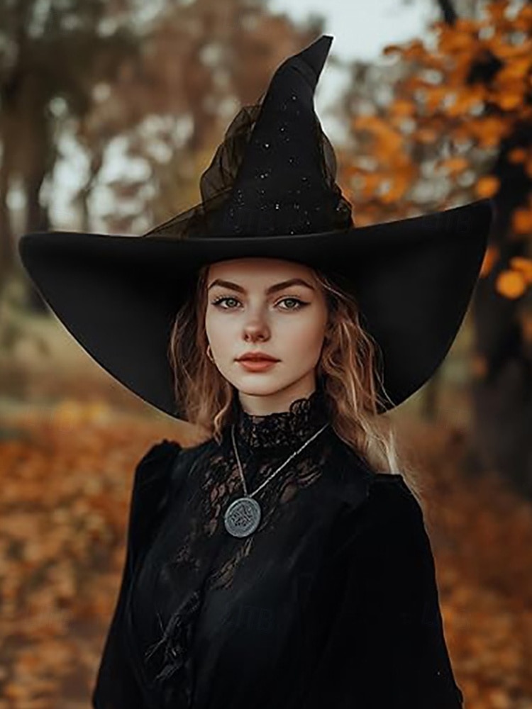 Dámský halloweenský čarodějnický klobouk – černý satén s hvězdnými třpytkami a průsvitným tylovým závojem – ideální pro halloweenské kostýmy a večírky 2025 - $14.99 –P4