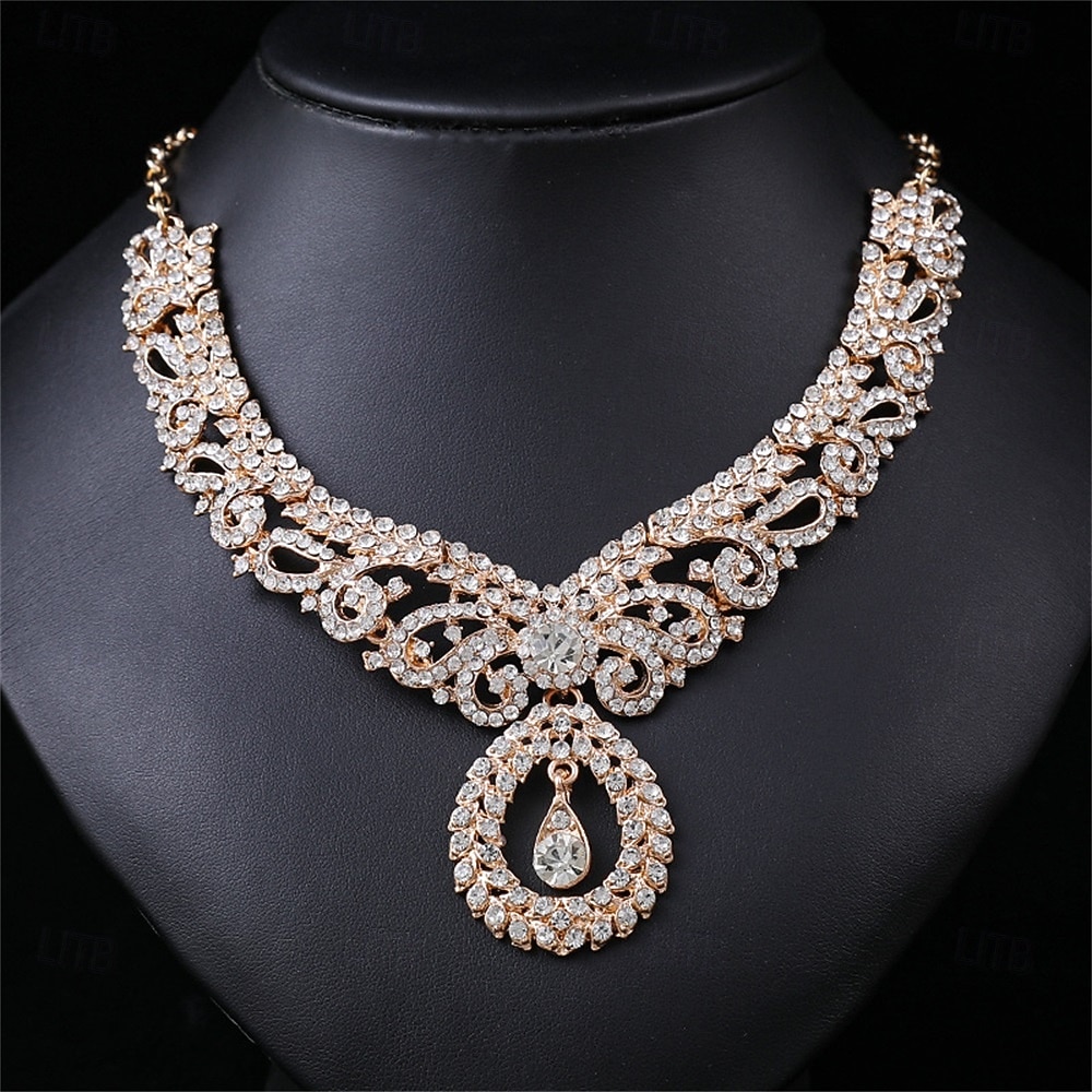Parure de bijoux 3 Or Strass Chrome Boucles d'oreilles Collier Femmes Élégant ancien Mode Le style rétro Classique Parure de Bijoux Pour Mariage Soirée robe demoiselle d honneur de 2025 ? $23.99 –P3