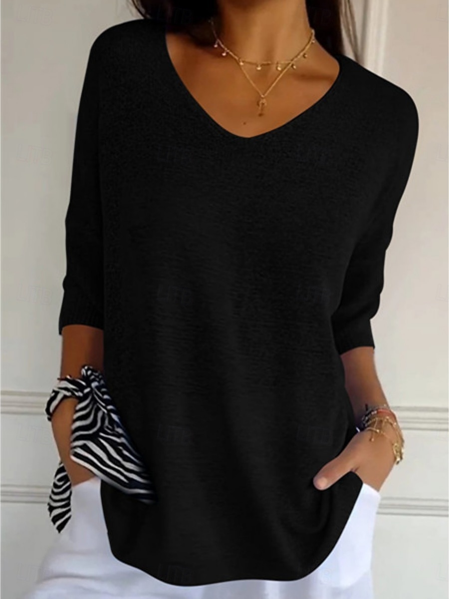 Per donna Felpa Maglione Quotidiano Elegante Casual Tinta unica A Coste Scollo a V Lavorato a maglia Manica 3/4 Top Regolari Maglia All'aperto Quotidiano Nero Bianco Estate Primavera del 2025 a $21.99 –P5