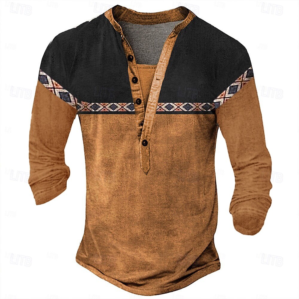 Men's Geometric Print T Shirt Henley Shirt Long Sleeve Designer Retro Vintage Ethnic Street Casual Daily Summer Spring Fall Black Green Navy Blue Brown Light Grey Henley Henley T-Shirt 2026 - $21.99 –P8