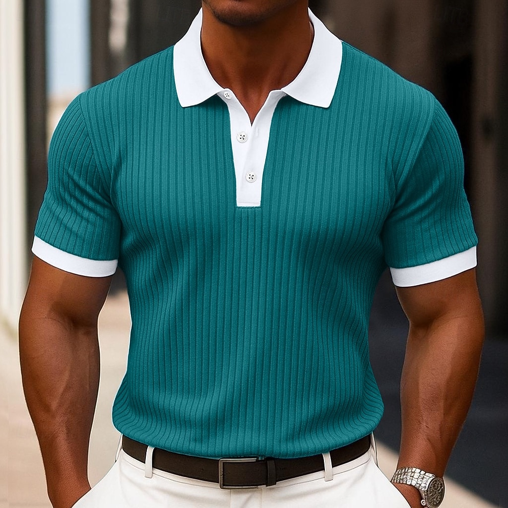 Herr Muskelskjorta Golftröja Arbete Ledigt Ribbstickad polokrage Klassisk Kortärmad Grundläggande Modern Färgblock Ribbad Sommar Vår Vår & sommar Smal passform Vit Blå Grön Grå Muskelskjorta 2025 - $25.99 –P11