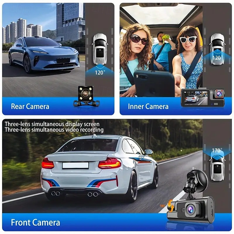 2025年 3チャンネル車載レコーダー FHD 1080p 車載レコーダー Wi-Fi アプリコントロール 車載レコーダー バックカメラ付き スーパーナイトビジョン ブラックボックス ループ録画 Gセンサー モーション検知 駐車監視  コレクション – $34.99 –P6