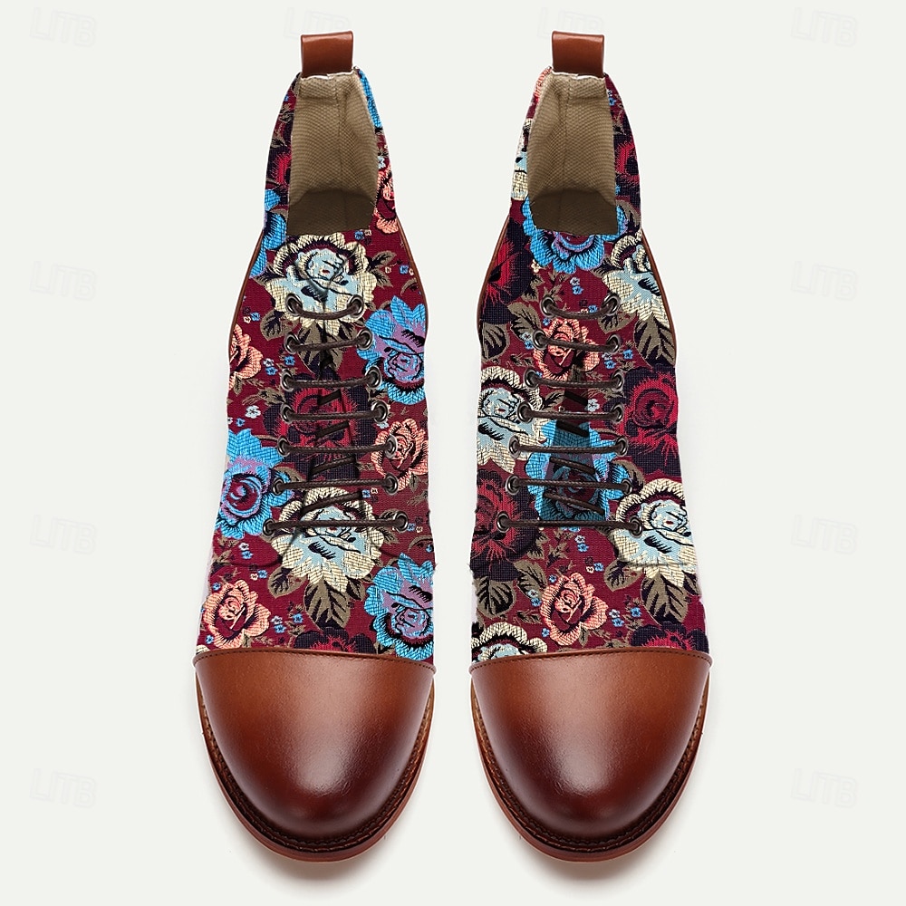Botas masculinas de tecido jacquard marrom com cadarço e estampa floral de rosas, sapatos sociais vintage elegantes para festas, casamentos e eventos gatsby de 2025 por $46.99 –P4