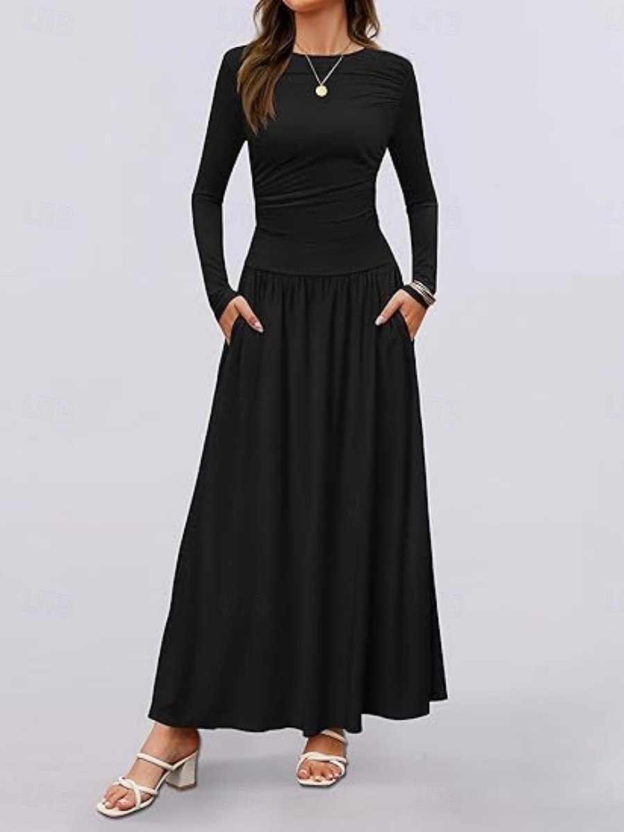 Dames Maxi-jurk Trui-jurk A lijn jurk Casual Dagelijks Normale pasvorm Effen Lange mouw Strakke ronde hals Zwart Blozend Roze Rood Bruin Lente Herfst Winter 2025 - $29.99 –P5
