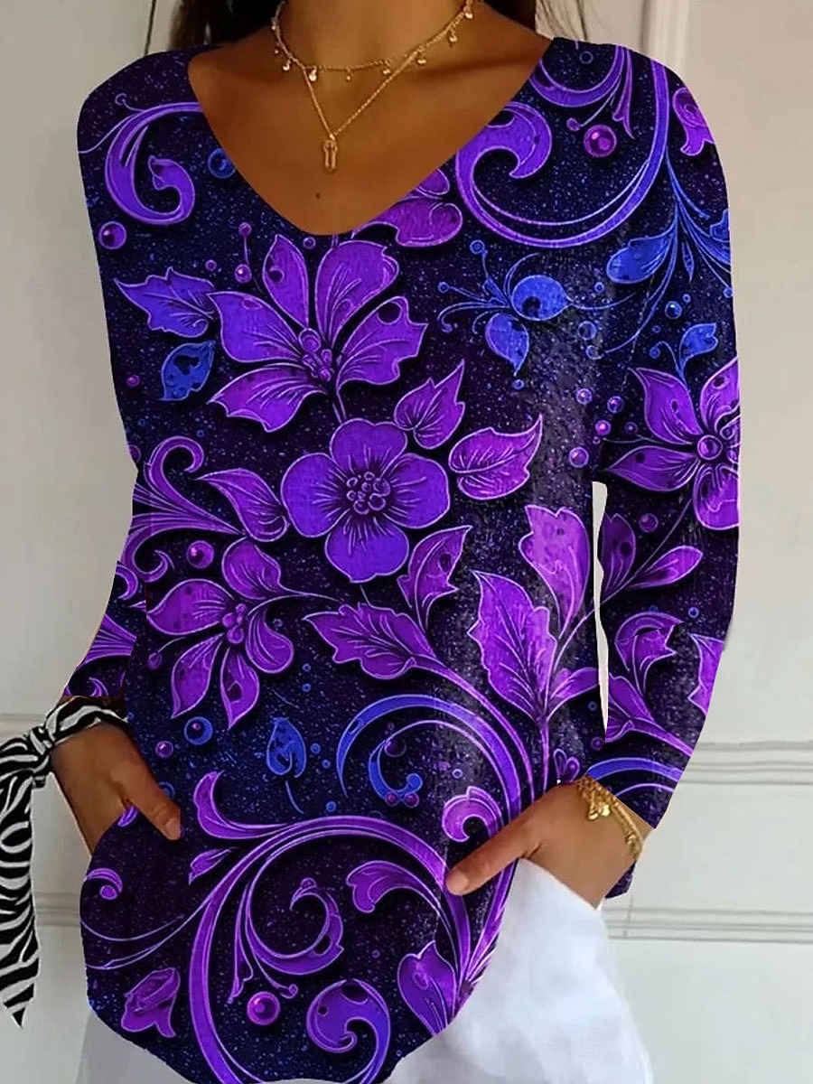 Tricou pentru femei cu decolteu în V mânecă lungă tunică grafic floral plante vintage stilat clasic topuri regulate imprimare zilnică albastru mov portocalie primăvară toamnă 2026 - $24.99 –P1