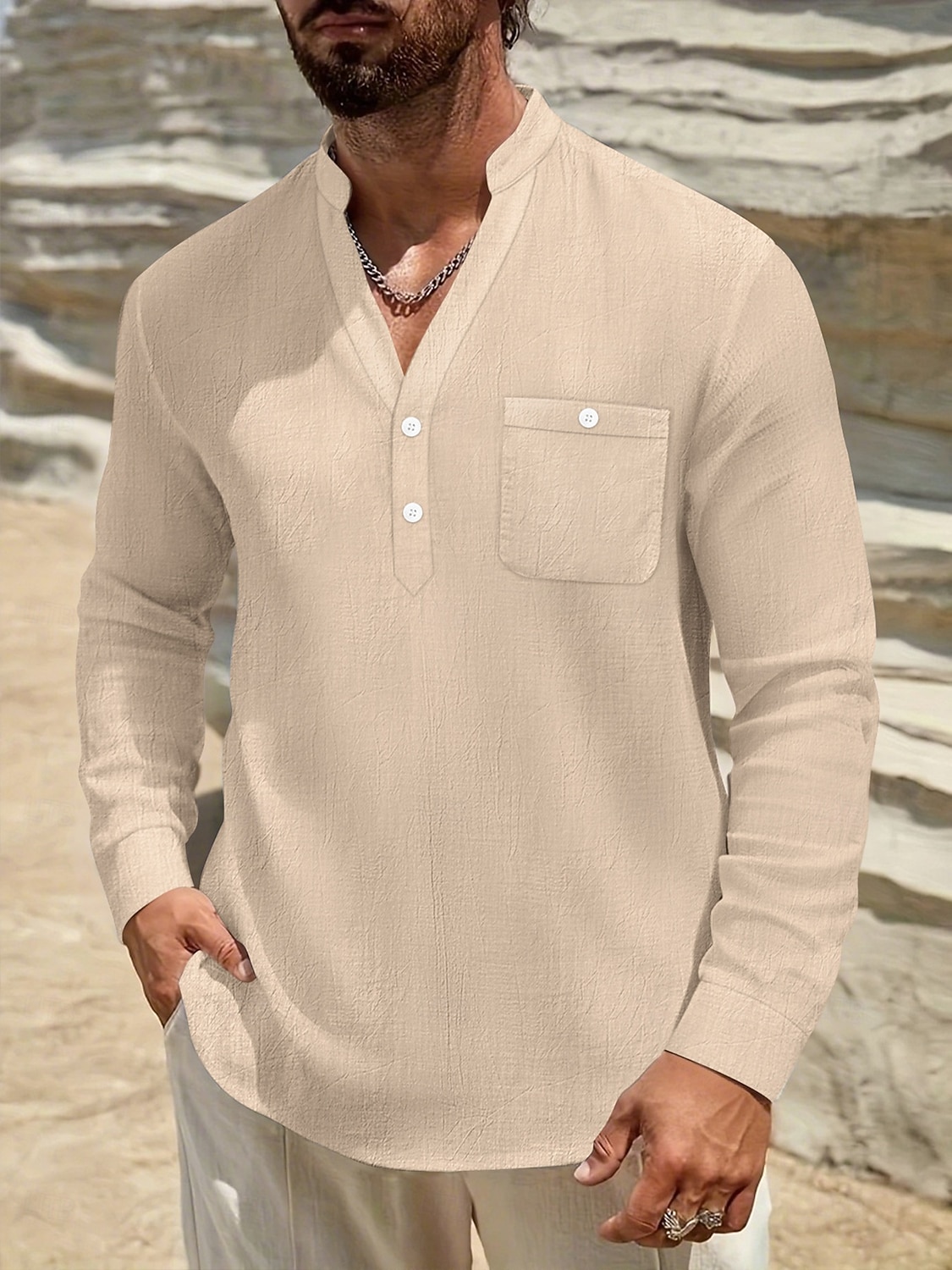 Herren Hemd Leinenhemd Wikinger-Stil Sommerhemd Strandbekleidung Einfarbig Urlaub Straße Schwarz Weiß Marineblau Blau Langarm Henley Sommer Frühling Bekleidung Tasche 2026 - $22.99 –P7