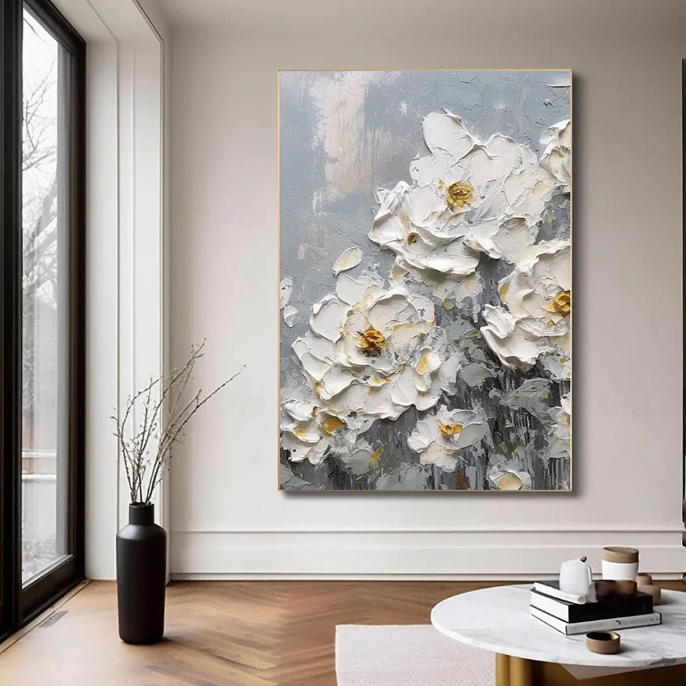 2025年 鮮やかな花の構図と白い牡丹を特徴とする手作りの3D白い花の油絵。絶妙なインパスト技法と豊かな色彩パレットが特徴で、エレガントな室内装飾に最適です。  コレクション – $54.99 –P6