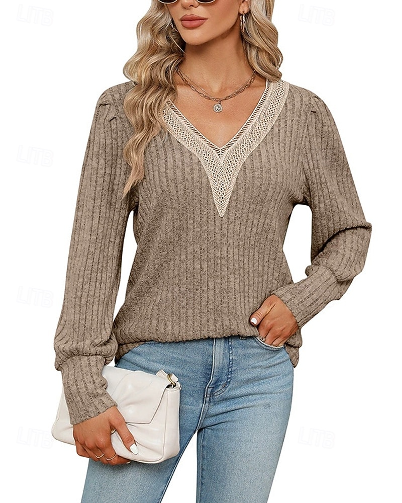 Naisten Neulos Pusero Päivittäin Tyylikäs Vapaa-aika Väripalikka Joustin V kaula-aukko Kudottu Pitsinauhat Pitkähihainen Tavalliset topit Neuloa Päivittäin Pyhäpäivä Bile Viininpunainen Musta Syksy 2026 - $27.99 –P15