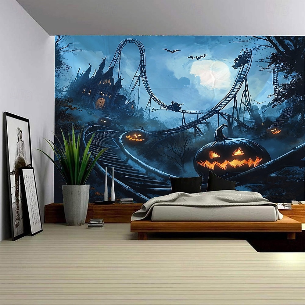 arazzo con sfondo fotografico di Halloween, cimitero cupo, lanterna di zucca e scenario di luna piena, grande murale decorativo per camera da letto, soggiorno, festa e decorazione della casa del 2026 a $17.99 –P8