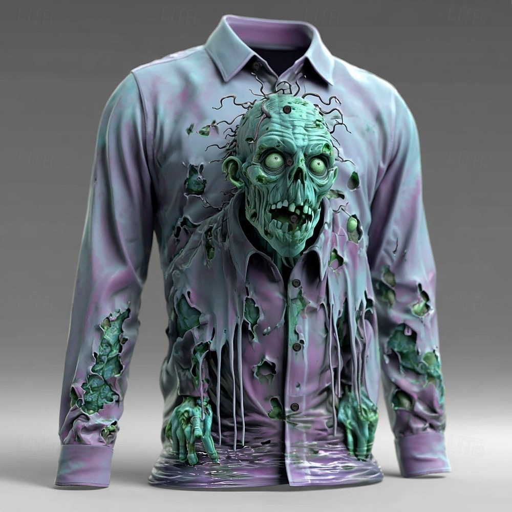 Halloween Pánské 3D tisk Zombie Horor Košile Košile na knoflíky Dlouhý rukáv Temný punk gotický Venkovní Dovolená Léto Jaro Přehnutý 3D tisk košile s límečkem Vodní modrá Fialová Trávová zelená 2025 - $25.99 –P3