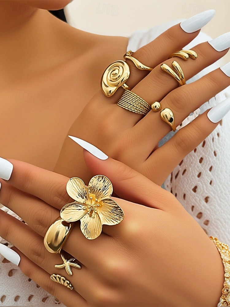 Női 8 darabos, állítható méretű aranyötvözet gyűrűszett – bohém, mutatós ékszer virágos, kagyló- és geometrikus mintákkal partikra, esküvőkre és mindennapi viseletre 2025 - $11.99 –P1