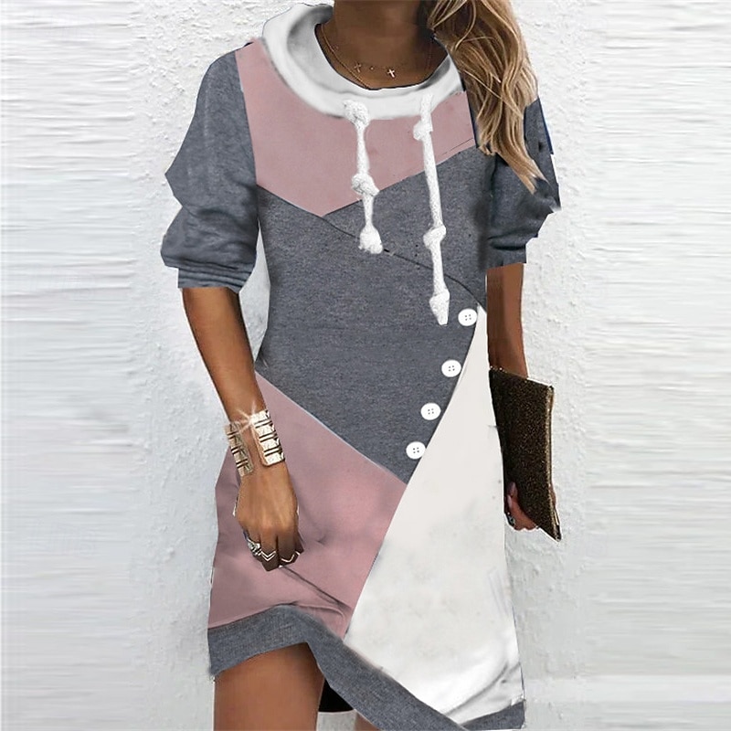 Damen Kapuzenkleid Mini Kleid Wickelkleid Shift Kleid Party Lässig Boho Outdoor Zuhause Ausgehen Regulär Passform Grafik Geometrisch Langarm Kapuze Pink Blau Grün Grau Frühling Herbst Winter 2025 - $32.99 –P1