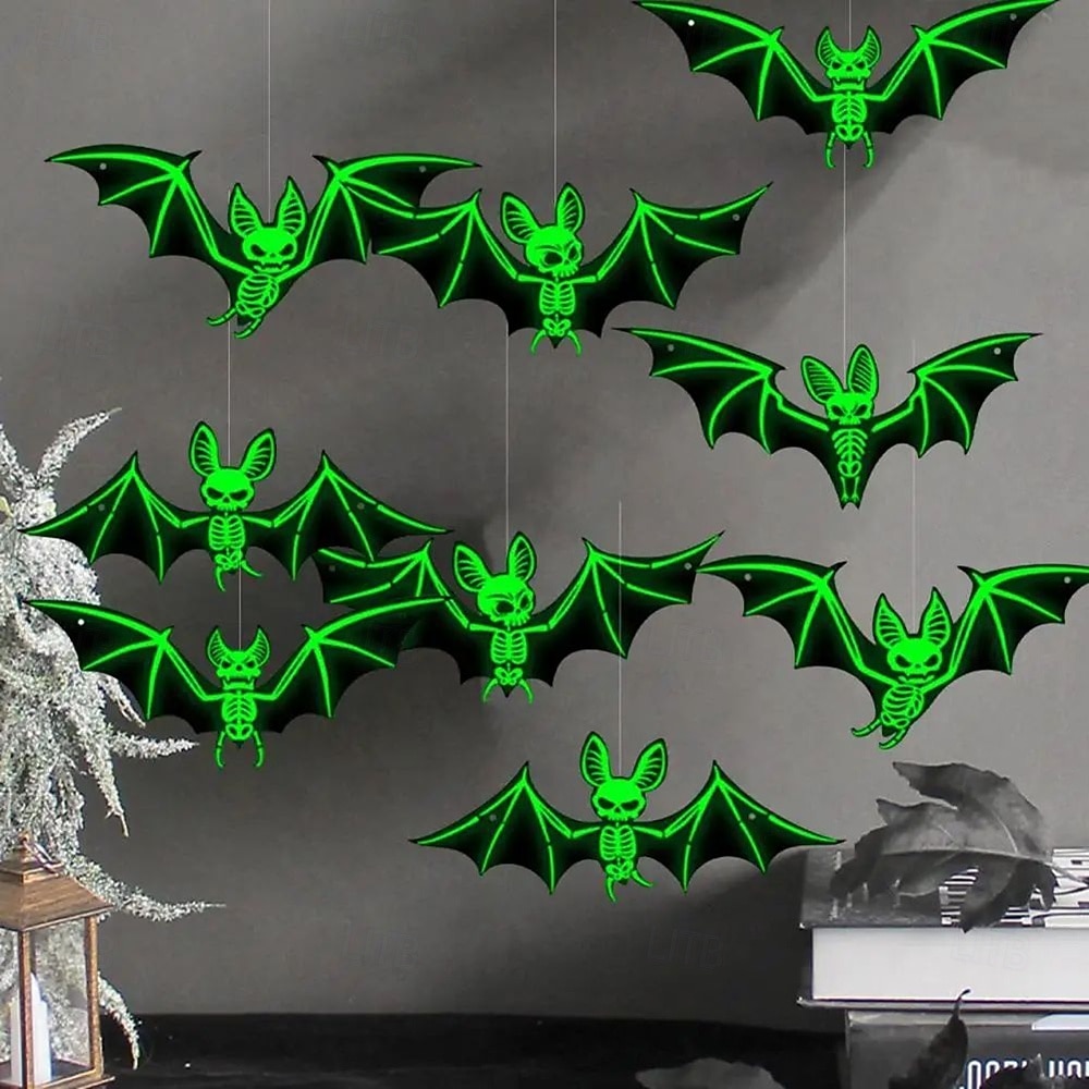 10 pezzi di decorazioni per l'atmosfera horror di Halloween, appese agli alberi con luce notturna fluorescente da pipistrello stereoscopico 3D, decorazioni per feste e case infestate del 2025 a $21.99 –P11