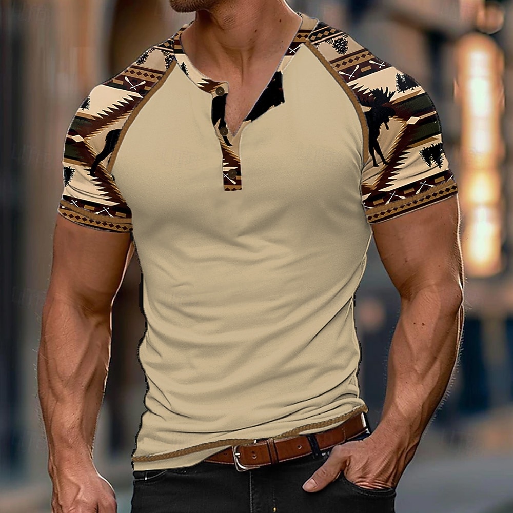 Men's Graphic Henley Shirt Short Sleeve T shirt 3D Print Henley Shirt Fashion Designer Ethnic Casual Daily Black Khaki Summer Clothing Apparel S M L XL XXL XXXL 2026 - $20.99 –P2