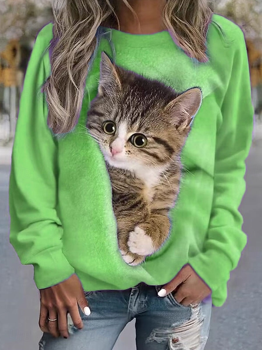 Dame Genser med genser Grafisk Dyr Katt Fritid Langermet Crew-hals Vanlige topper Gate Avslappet Ferie Trykt mønster Rosa Blå Lilla Oransje Grønn Vår Høst Vinter 2025 - $26.99 –P5