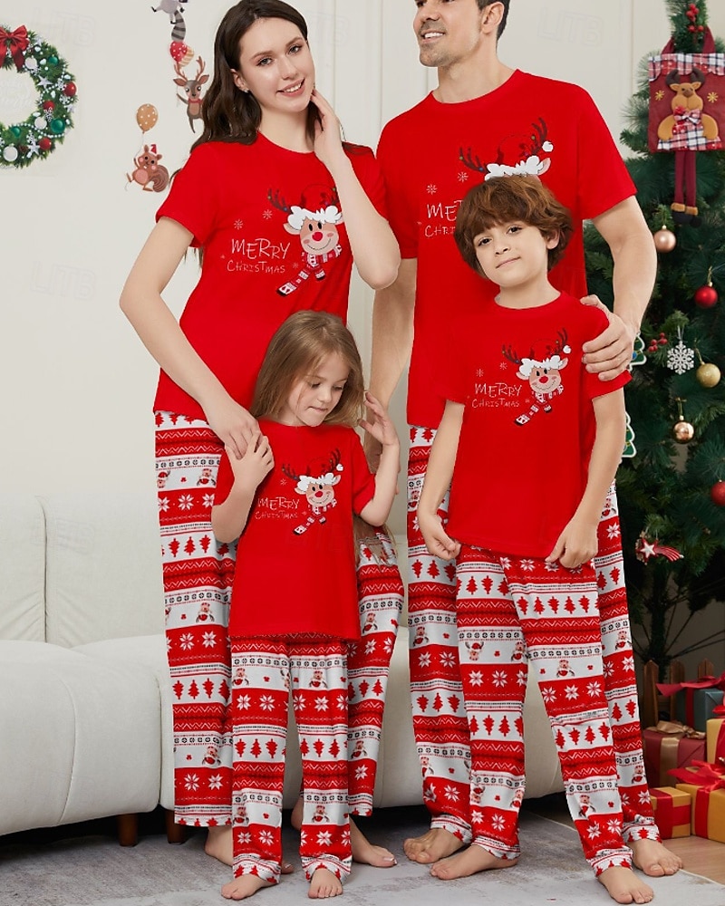 Family Pajamas Christmas Pattern Home Print Red Short Sleeve Active Matching Outfits 2025 - $19.49 –P1